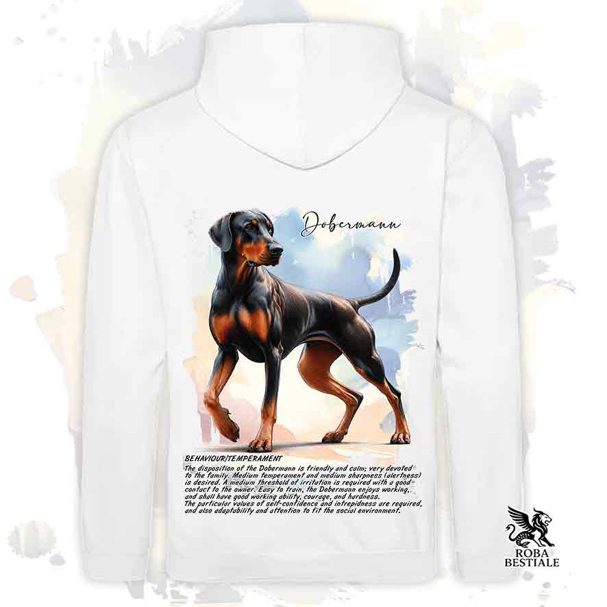 Felpa con cappuccio Dobermann nero focato, colore bianco con grafica Behavior