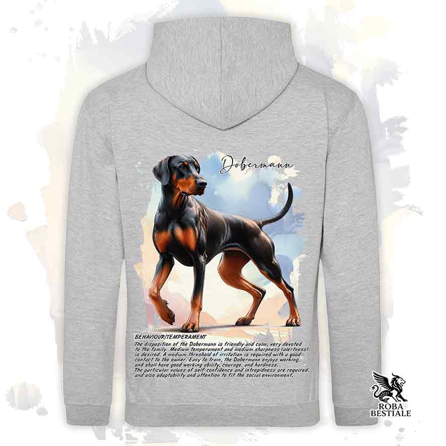 Felpa con cappuccio Dobermann nero focato, colore grigio con grafica Behavior