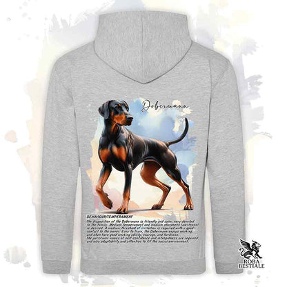 Felpa con cappuccio Dobermann nero focato, colore grigio con grafica Behavior