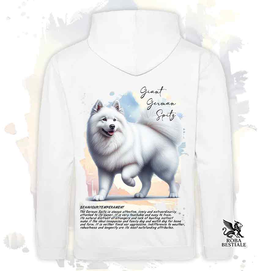 Felpa con cappuccio Spitz Tedesco Grande bianco, colore bianco con grafica Behavior