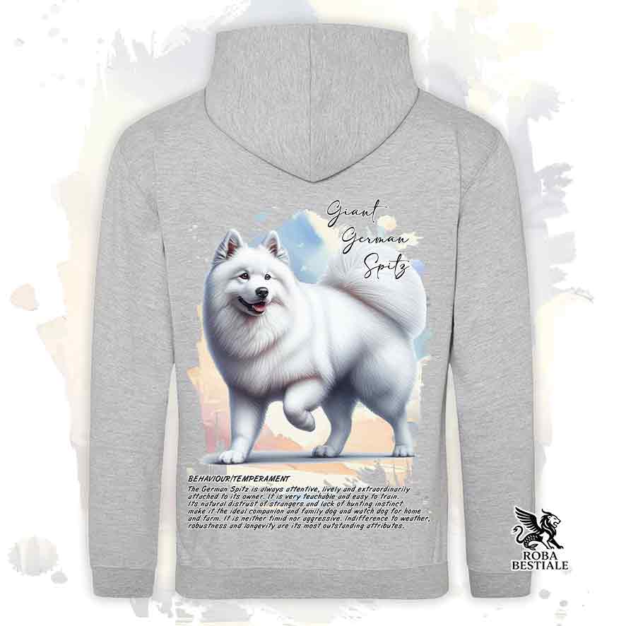 Felpa con cappuccio Spitz Tedesco Grande bianco, colore grigio con grafica Behavior