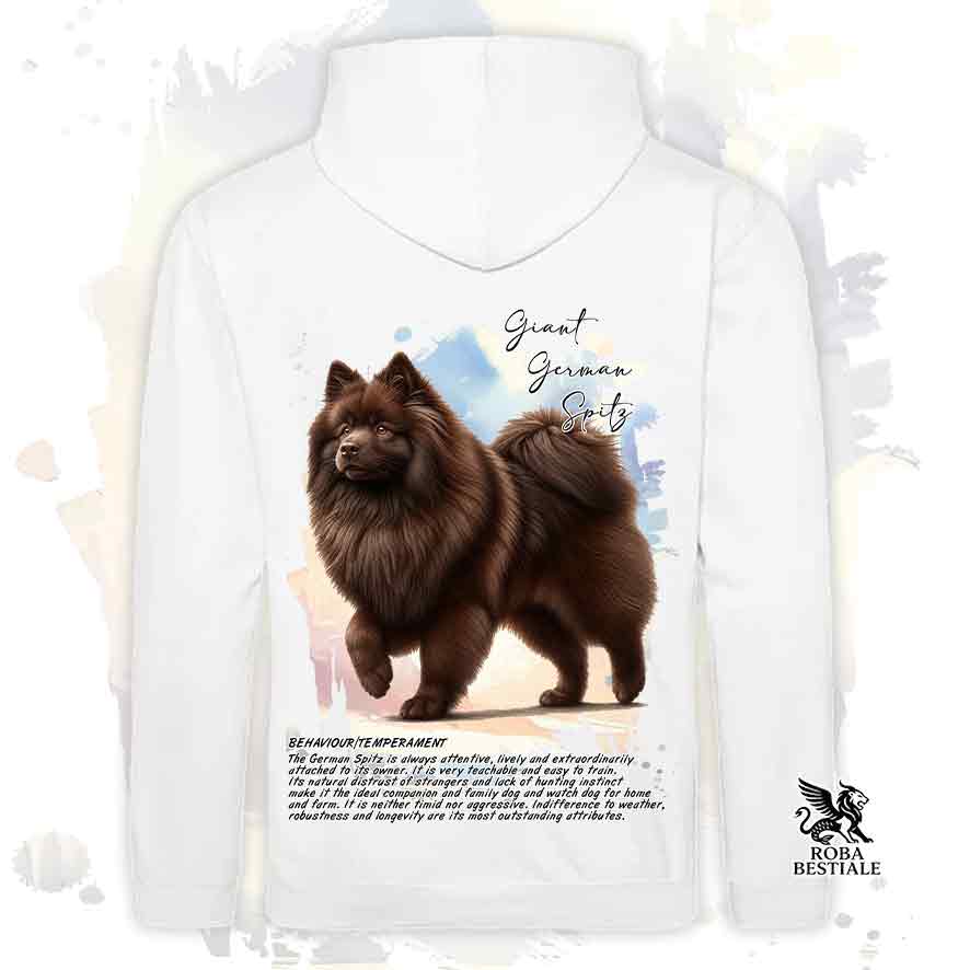 Felpa con cappuccio Spitz Tedesco Grande marrone, colore bianco con grafica Behavior