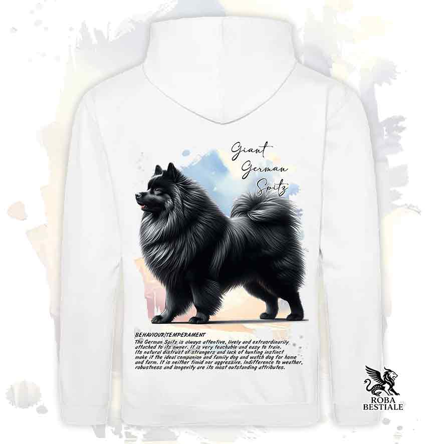 Felpa con cappuccio Spitz Tedesco Grande nero, colore bianco con grafica Behavior