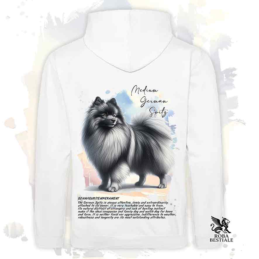 Felpa con cappuccio Spitz Tedesco Medio grigio sfumato, colore bianco con grafica Behavior