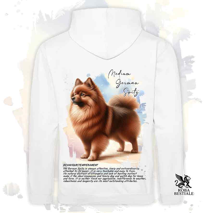 Felpa con cappuccio Spitz Tedesco Medio marrone, colore bianco con grafica Behavior