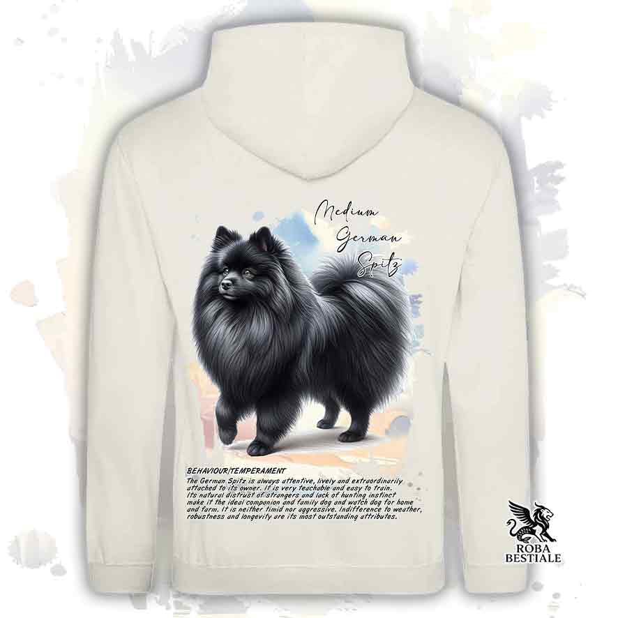 Felpa con cappuccio Spitz Tedesco Medio nero, colore beige con grafica Behavior