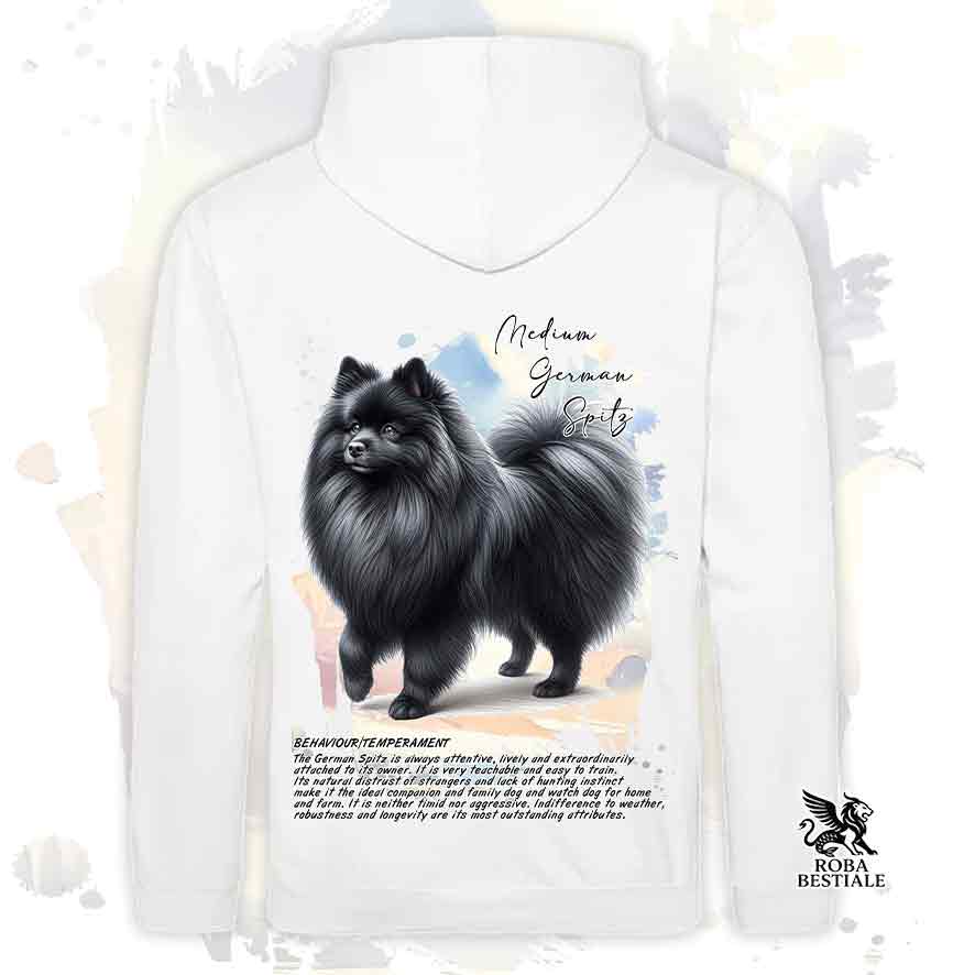Felpa con cappuccio Spitz Tedesco Medio nero, colore bianco con grafica Behavior