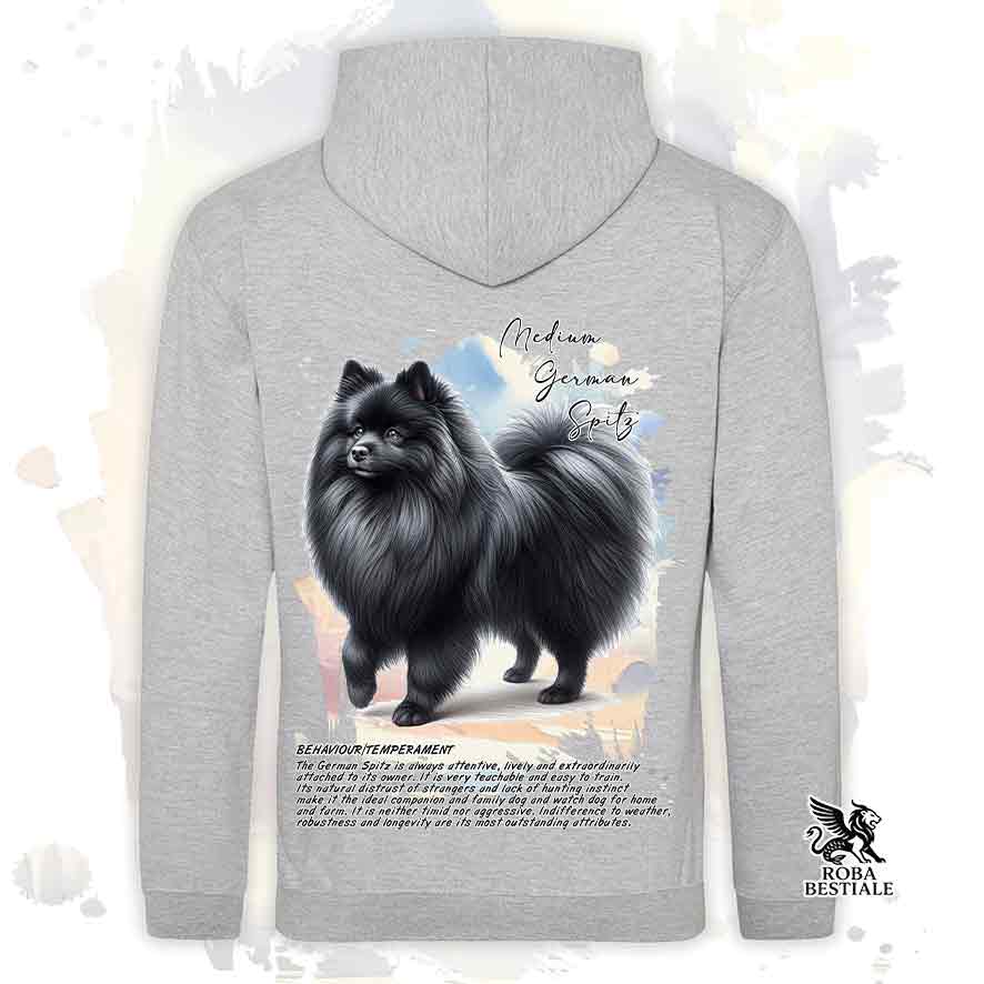 Felpa con cappuccio Spitz Tedesco Medio nero, colore grigio con grafica Behavior
