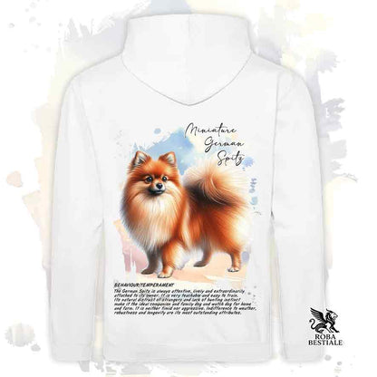 Felpa con cappuccio Spitz Tedesco Piccolo arancio, colore bianco con grafica Behavior