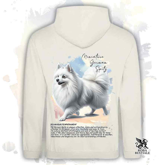 Felpa con cappuccio Spitz Tedesco Piccolo bianco, colore beige con grafica Behavior