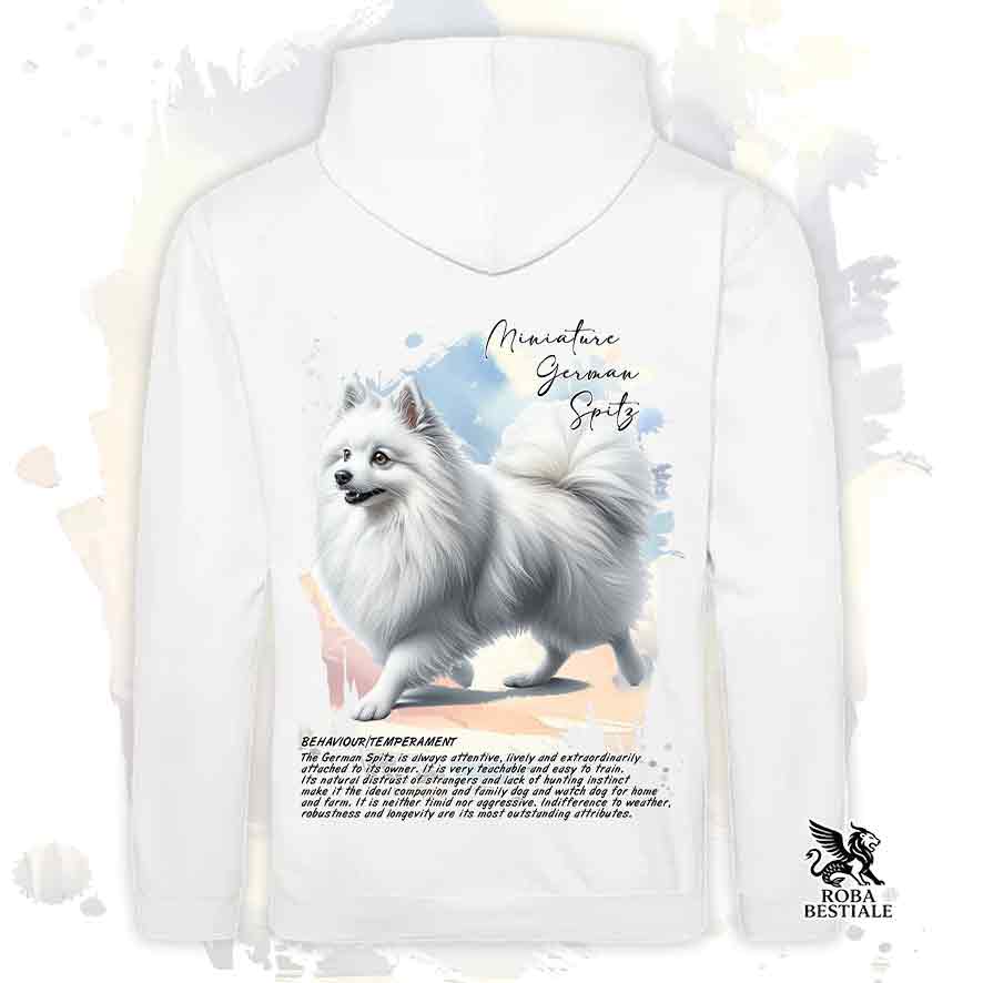 Felpa con cappuccio Spitz Tedesco Piccolo bianco, colore bianco con grafica Behavior