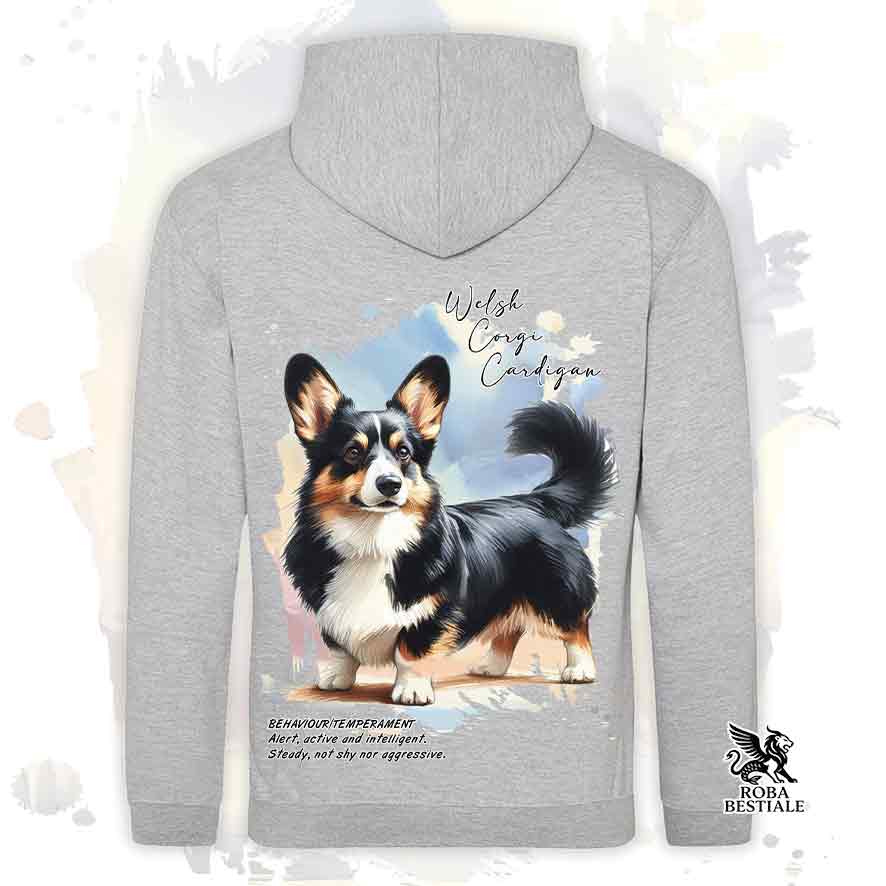 Felpa con cappuccio Welsh Corgi Cardigan colore grigia con grafica Behavior