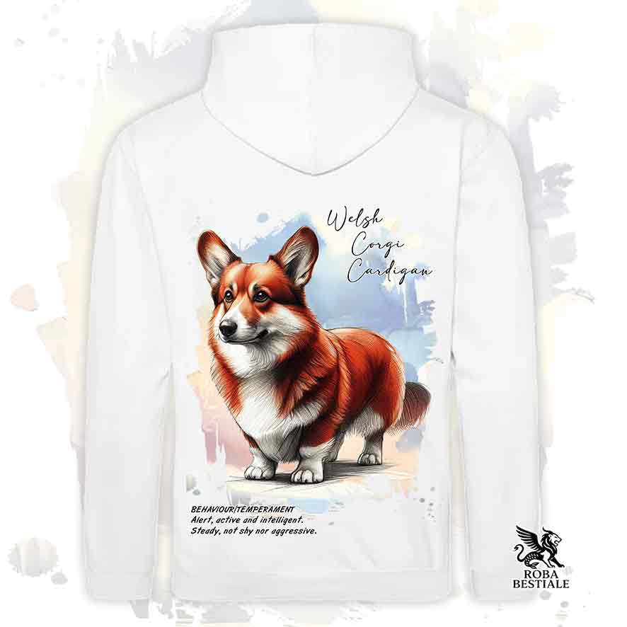 Felpa con cappuccio Welsh Corgi Cardigan colore bianco con grafica Behavior