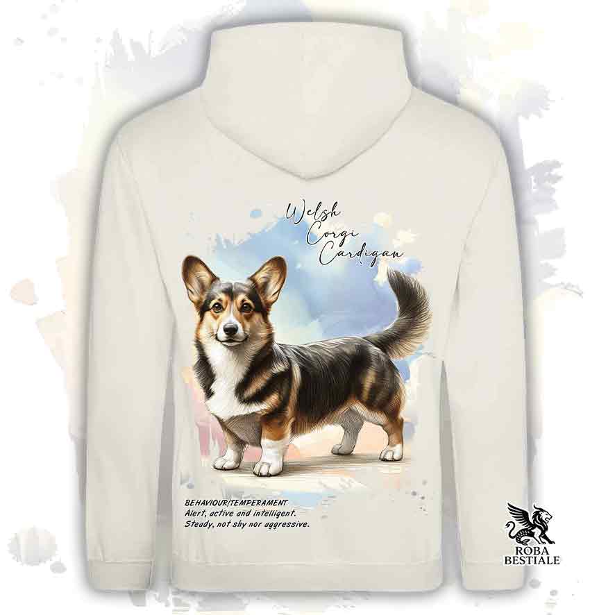 Felpa con cappuccio Welsh Corgi Cardigan color beige con grafica Behavior