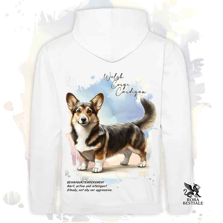 Felpa con cappuccio Welsh Corgi Cardigan colore bianco con grafica Behavior