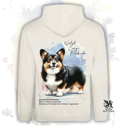 Felpa con cappuccio Welsh Corgi Pembroke black tricolor, color beige con grafica Behavior