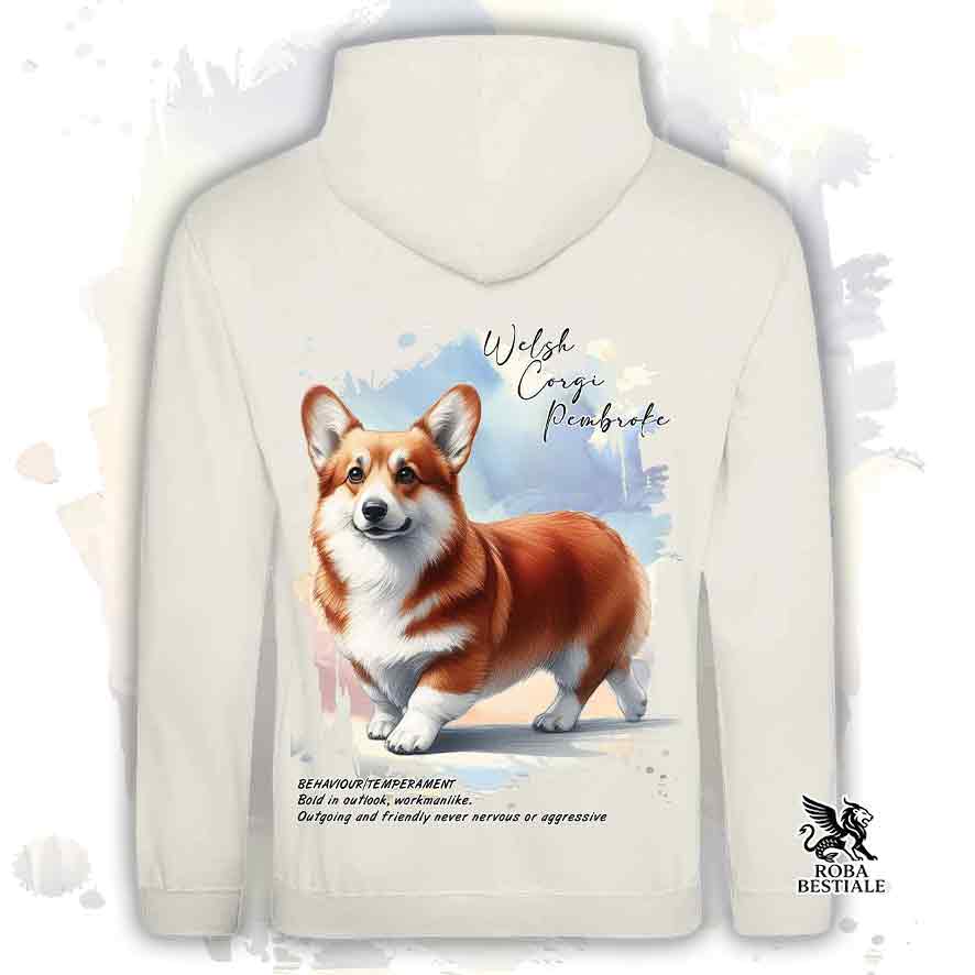 Felpa con cappuccio Welsh Corgi Pembroke rosso color beige con grafica Behavior