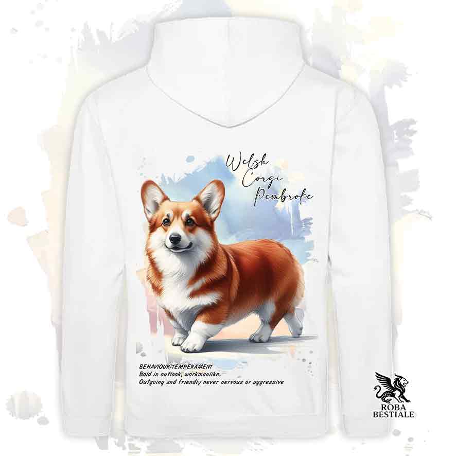 Felpa con cappuccio Welsh Corgi Pembroke colore bianca con grafica Behavior