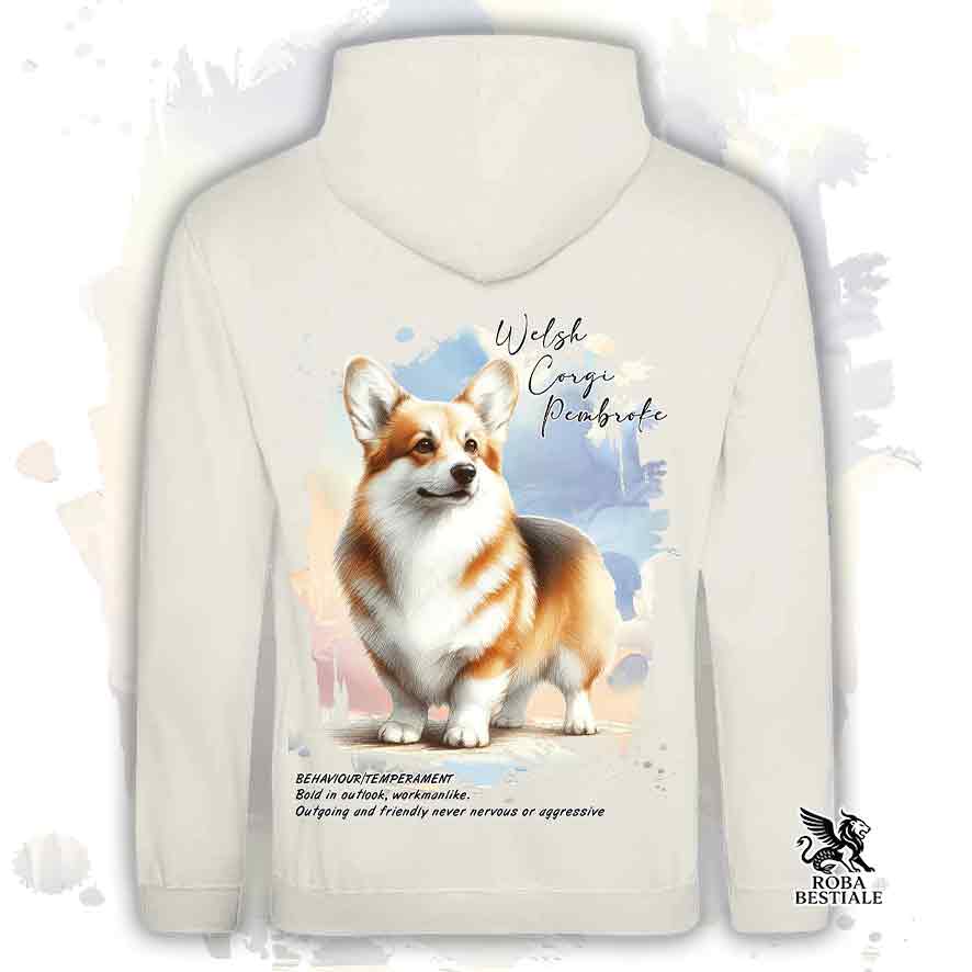 Felpa con cappuccio Welsh Corgi Pembroke zibellino, colore beige con grafica Behavior