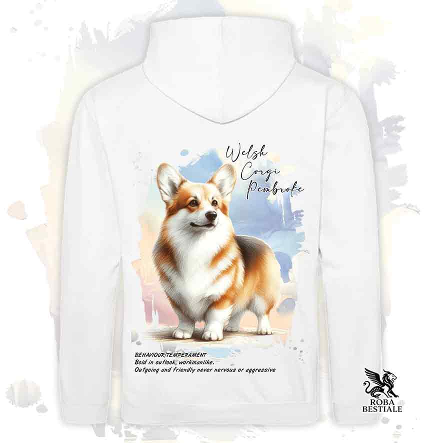 Felpa con cappuccio Welsh Corgi Pembroke zibellino, colore bianco con grafica Behavior