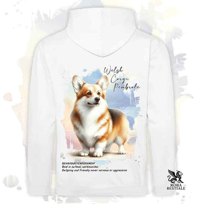 Felpa con cappuccio Welsh Corgi Pembroke zibellino, colore bianco con grafica Behavior