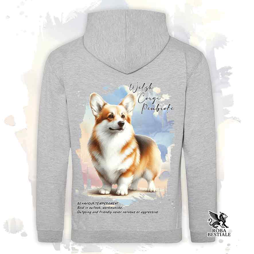 Felpa con cappuccio Welsh Corgi Pembroke zibellino, colore grigio con grafica Behavior