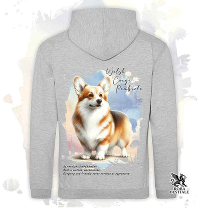 Felpa con cappuccio Welsh Corgi Pembroke zibellino, colore grigio con grafica Behavior