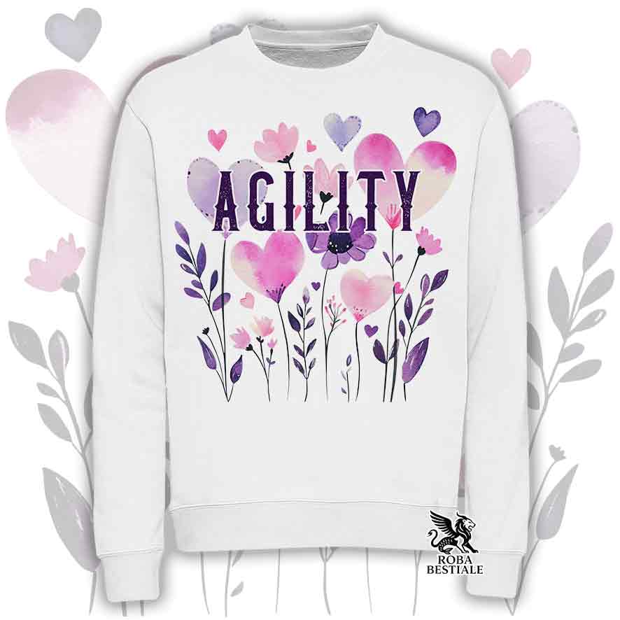 Felpa girocollo bianca stampata con una grafica dedicata all'Agility, collezione Candy