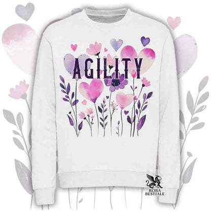 Felpa girocollo bianca stampata con una grafica dedicata all'Agility, collezione Candy