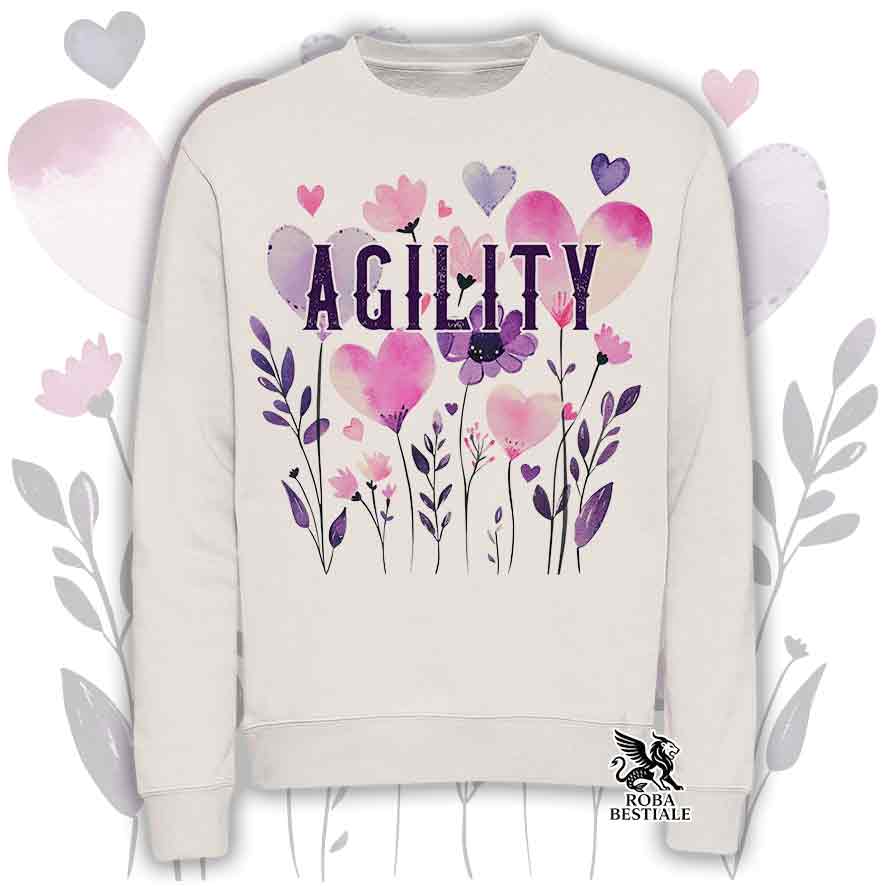 Felpa girocollo beige stampata con una grafica dedicata all'Agility, collezione Candy