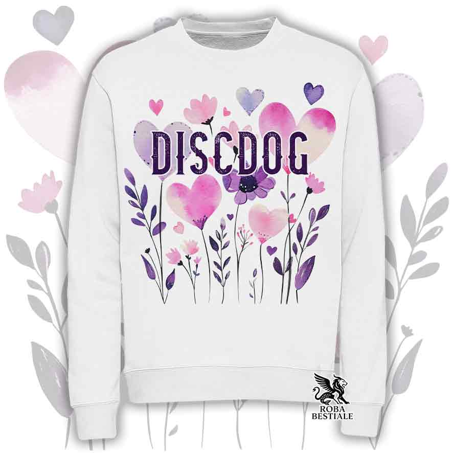 Felpa girocollo bianca stampata con una grafica dedicata al Disc Dog, collezione Candy