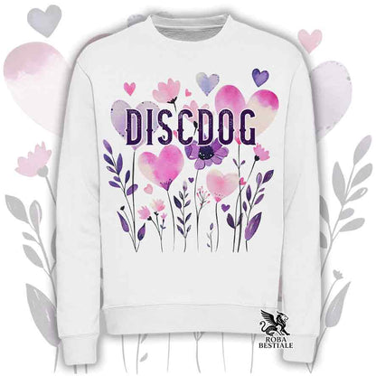 Felpa girocollo bianca stampata con una grafica dedicata al Disc Dog, collezione Candy