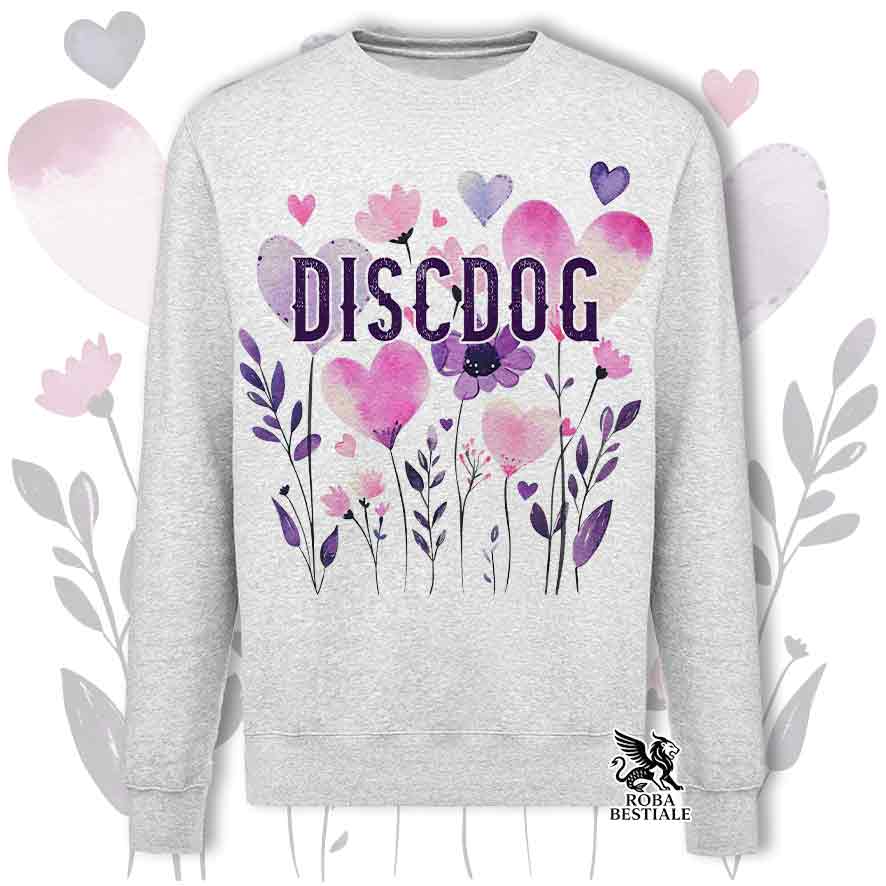 Felpa girocollo grigia stampata con una grafica dedicata al Disc Dog, collezione Candy
