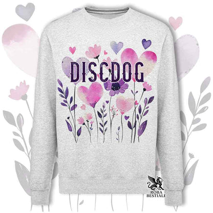 Felpa girocollo grigia stampata con una grafica dedicata al Disc Dog, collezione Candy