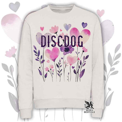 Felpa girocollo beige stampata con una grafica dedicata al Disc Dog, collezione Candy