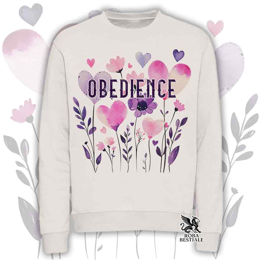 Felpa girocollo beige stampata con una grafica dedicata all'Obedience, collezione Candy