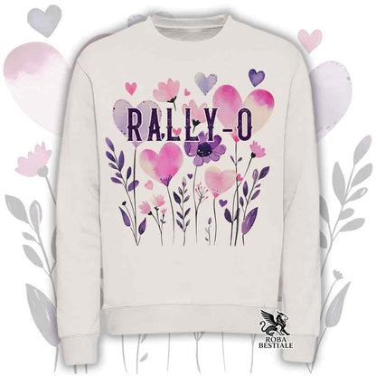 Felpa girocollo beige stampata con una grafica dedicata alla Rally-O, collezione Candy