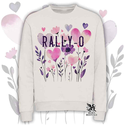 Felpa girocollo beige stampata con una grafica dedicata alla Rally-O, collezione Candy