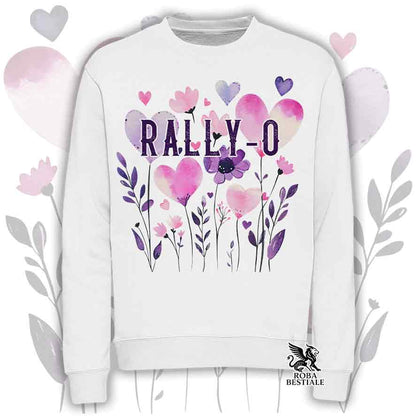 Felpa girocollo bianca stampata con una grafica dedicata alla Rally-O, collezione Candy