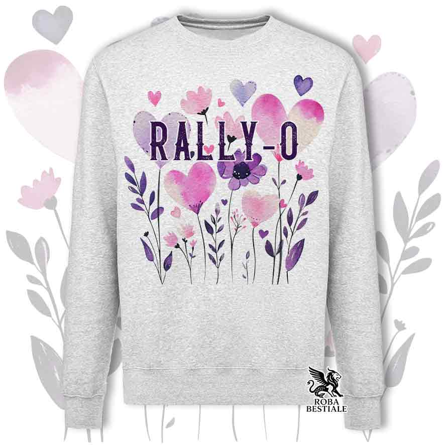 Felpa girocollo grigia stampata con una grafica dedicata alla Rally-O, collezione Candy
