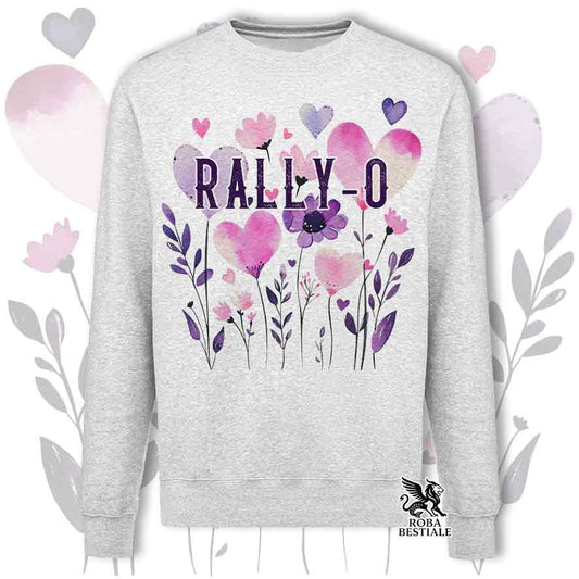 Felpa girocollo grigia stampata con una grafica dedicata alla Rally-O, collezione Candy