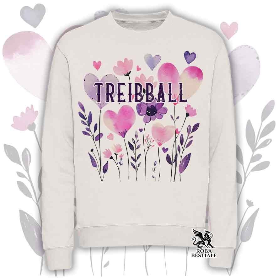 Felpa girocollo beige stampata con una grafica dedicata al Treibball, collezione Candy