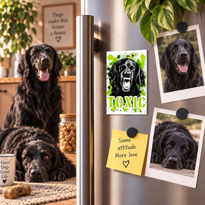 Calamita in MDF con la stampa di un Flat Coated Retriever. Idea regalo per amanti dei cani, da Roba Bestiale