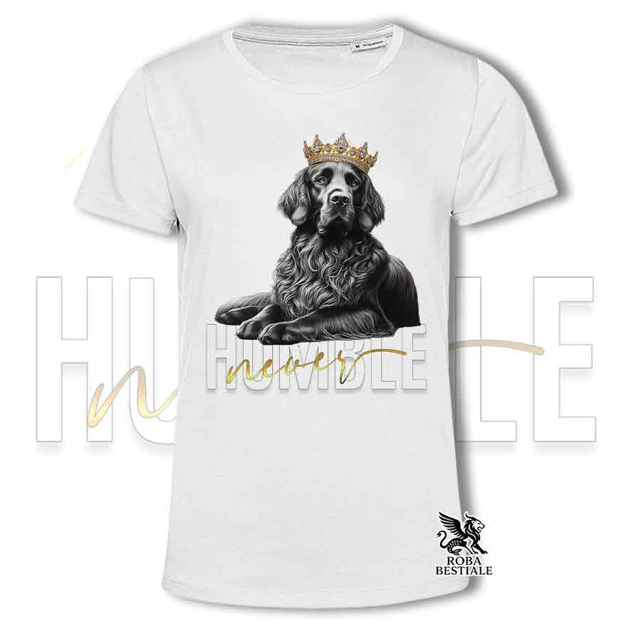 T-shirt stampata con un Flat Coated Retriever, colore bianco con grafica Never Humble