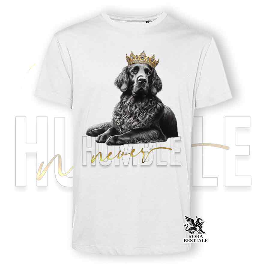 T-shirt stampata con un Flat Coated Retriever, colore bianco con grafica Never Humble