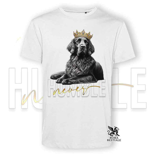 T-shirt stampata con un Flat Coated Retriever, colore bianco con grafica Never Humble