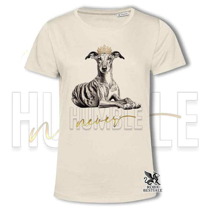 T-shirt stampata con un Galgo Espanol, colore beige con grafica Never Humble