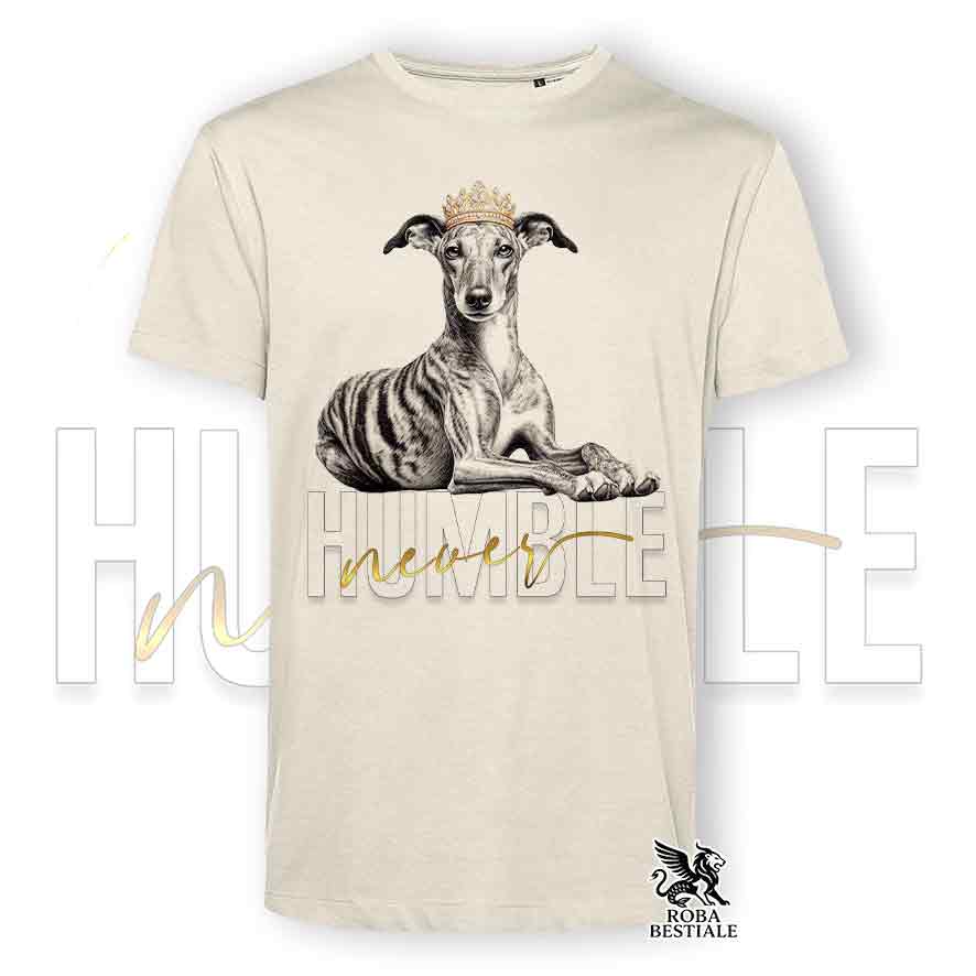 T-shirt stampata con un Galgo Espanol, colore beige con grafica Never Humble