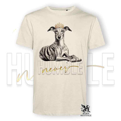 T-shirt stampata con un Galgo Espanol, colore beige con grafica Never Humble