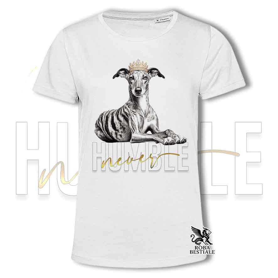 T-shirt stampata con un Galgo Espanol, colore bianco con grafica Never Humble